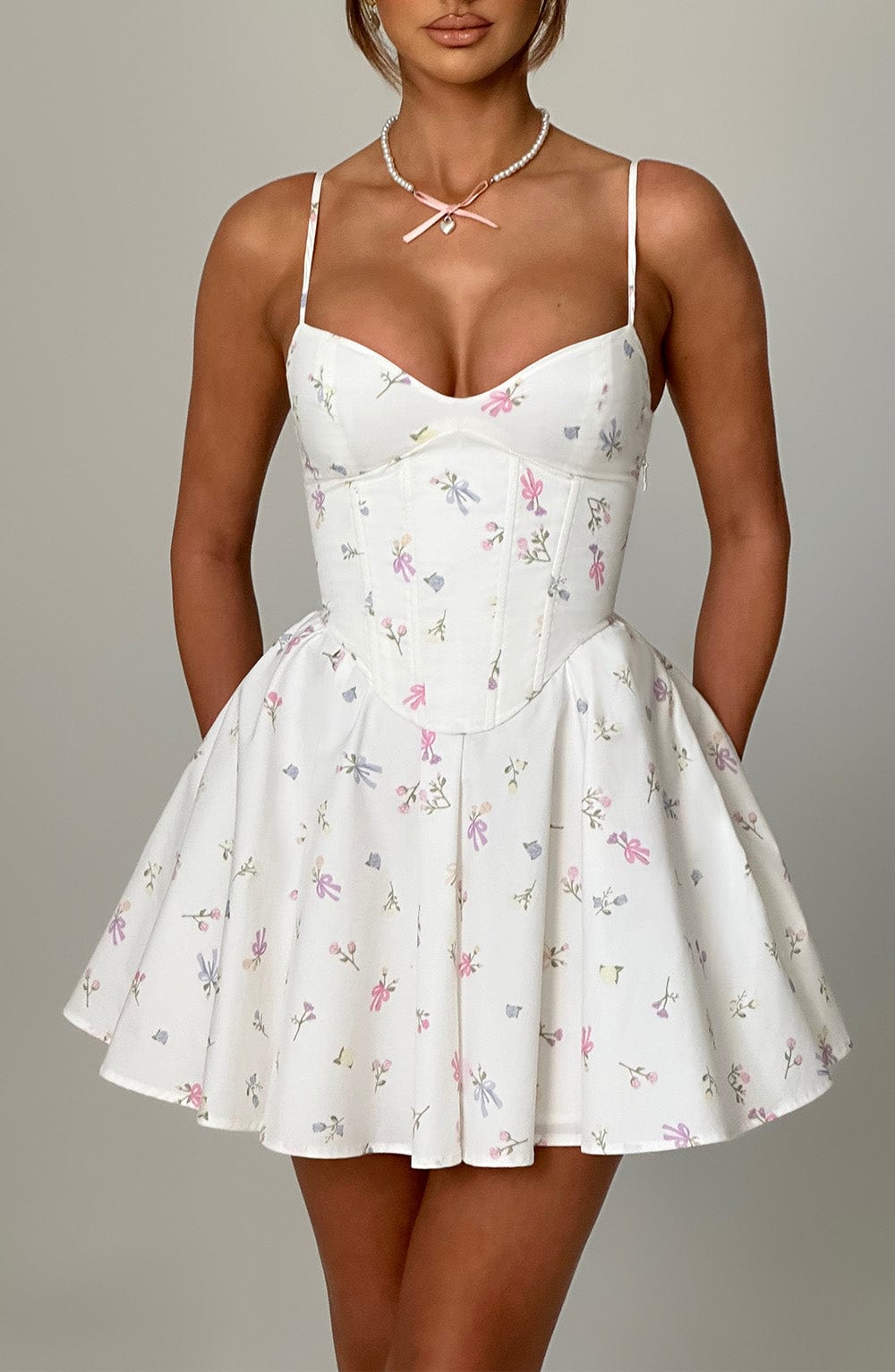 Analeigh Mini Dress - White Multi Floral Print - Napalia